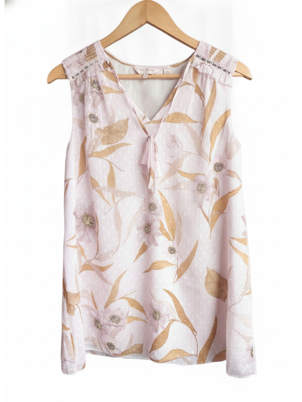 Ted Baker JIYLENA Cabana Floral Swiss Dot V-Neck Sleeveless Blouse, Small